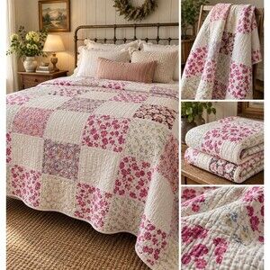 Quilted Patchwork Floral Quilt Throw Blanket White Pink Multicolor
